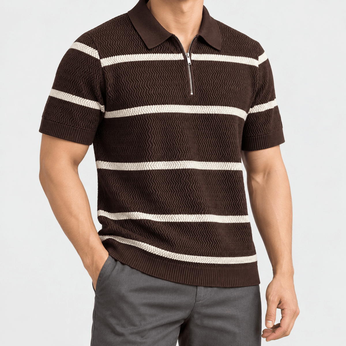 Leo striped zip polo shirt - AntoniosClothing - Brown