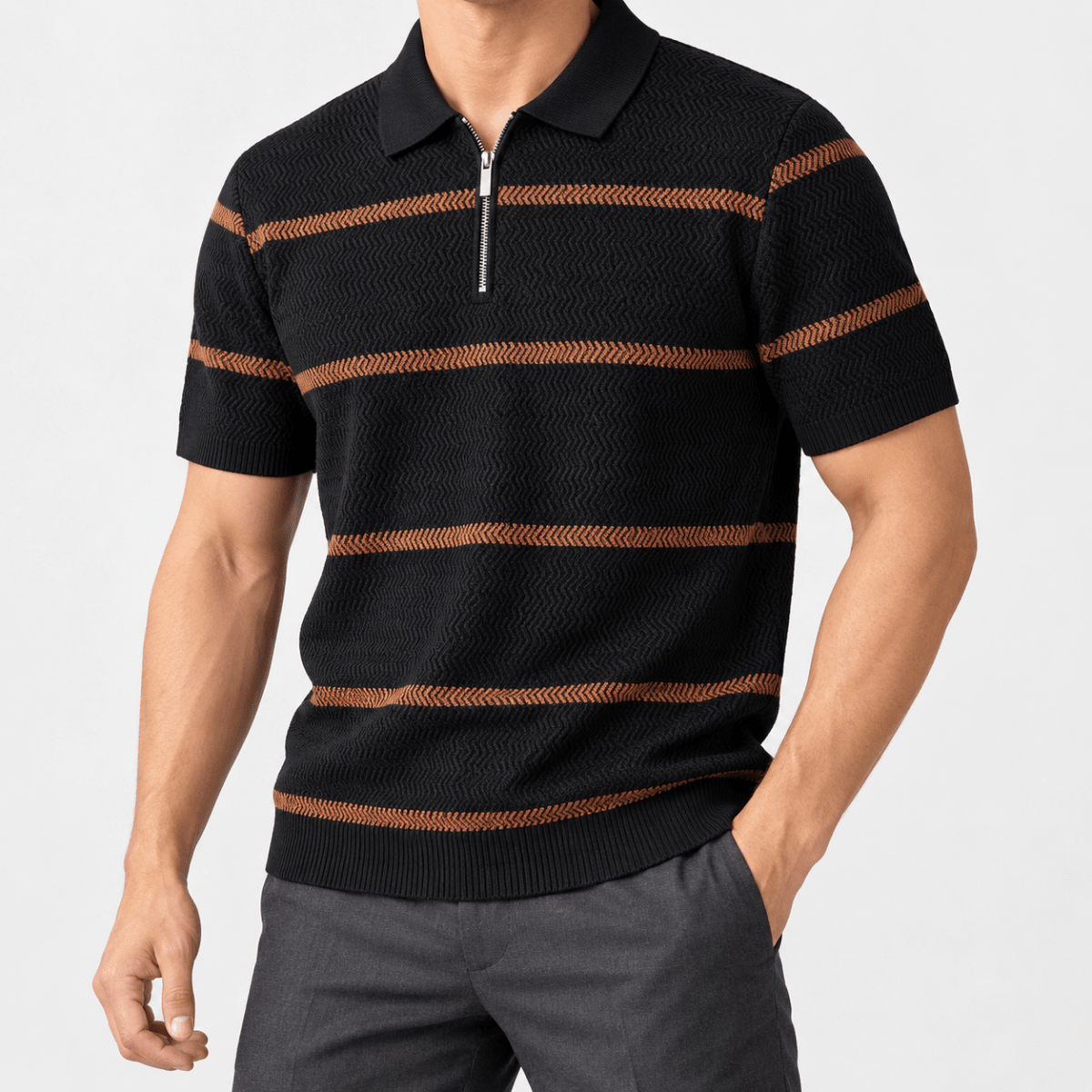Leo striped zip polo shirt - AntoniosClothing - Black