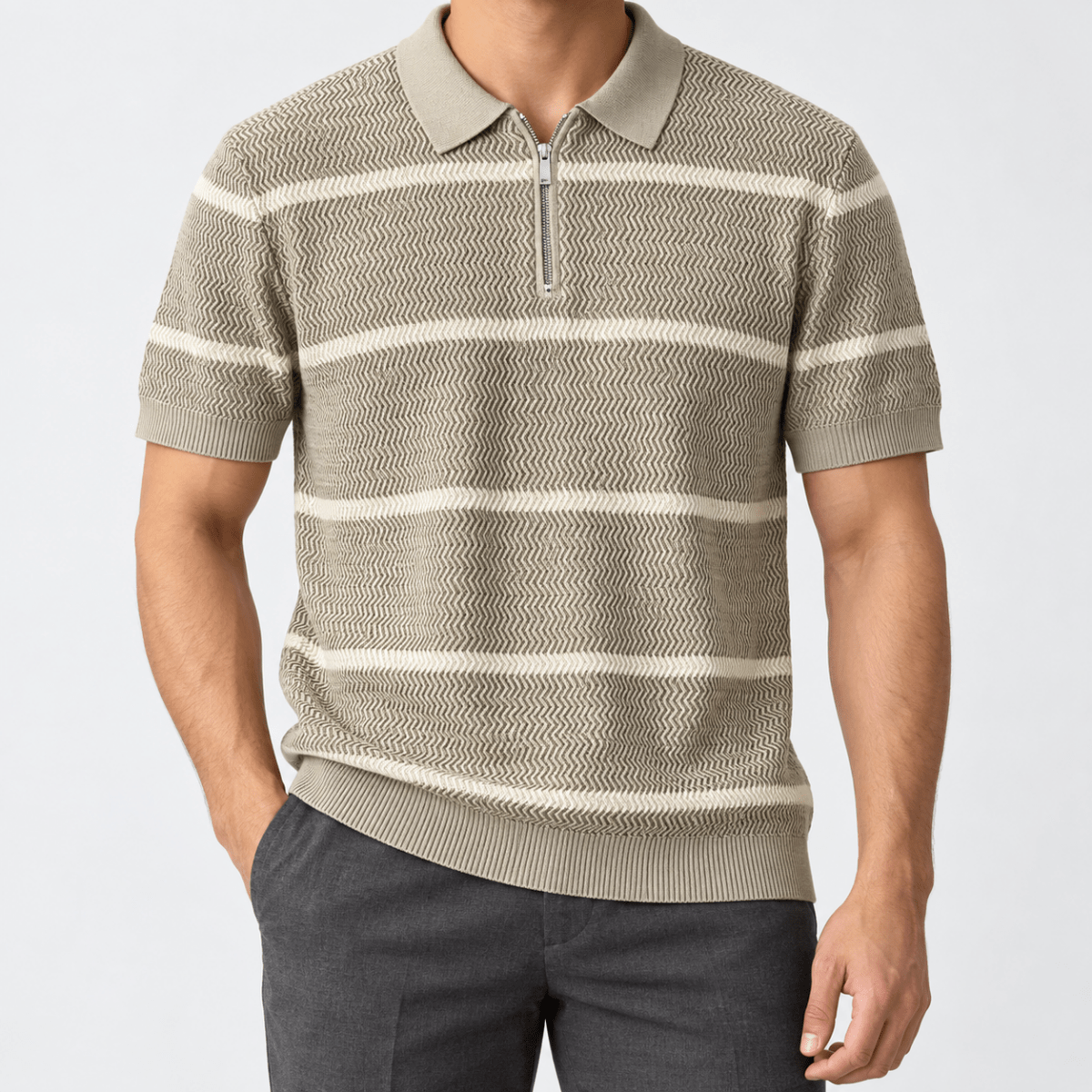 Leo striped zip polo shirt - AntoniosClothing - Khaki