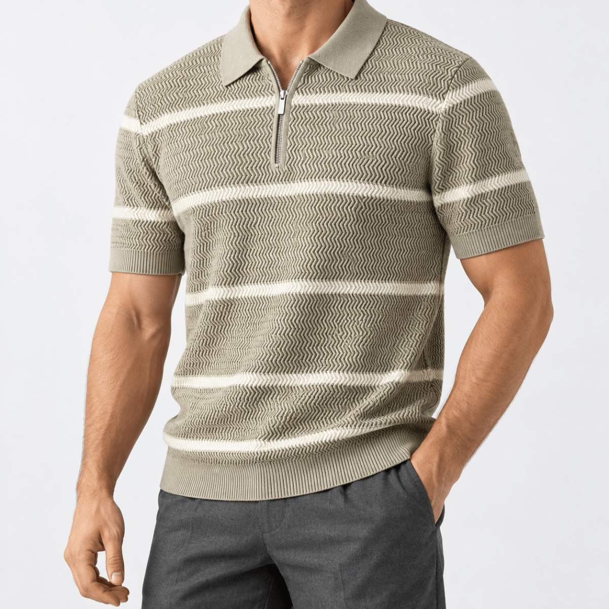 Leo striped zip polo shirt - AntoniosClothing - Khaki