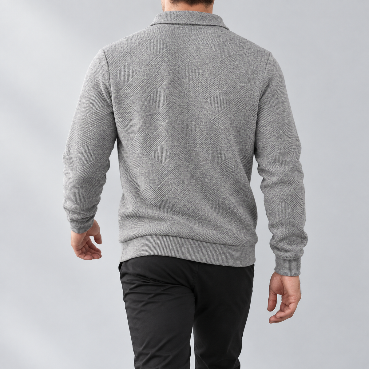 Leo zip sweater in gray, back view on a model