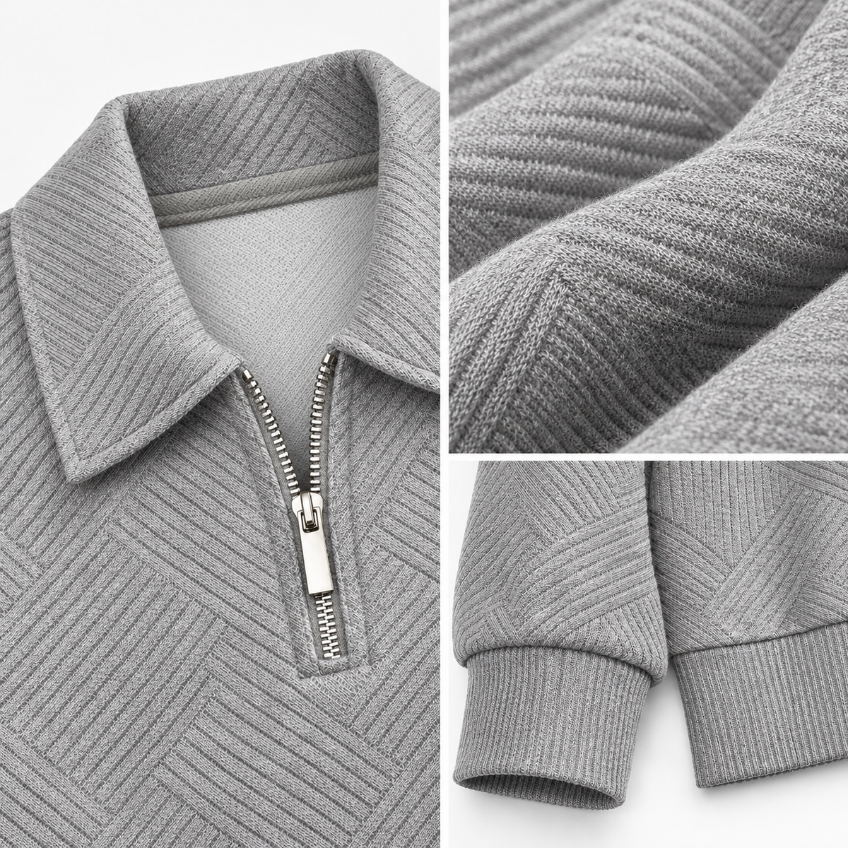 Leo zip sweater in gray, three-area detail collage