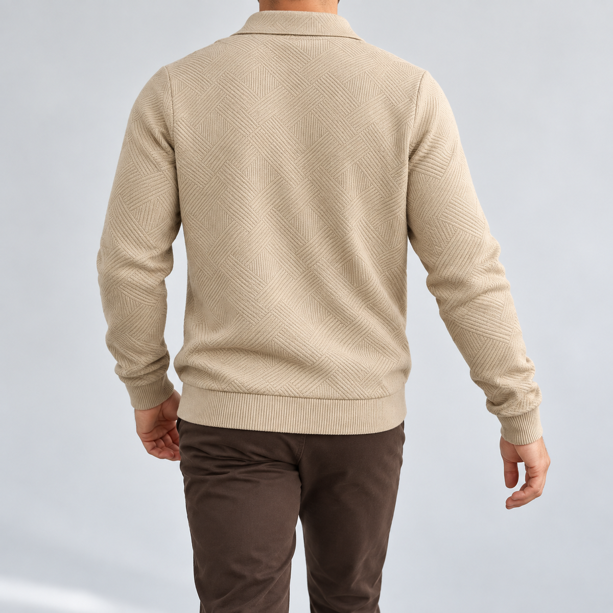 Leo zip sweater in khaki, back view on a model