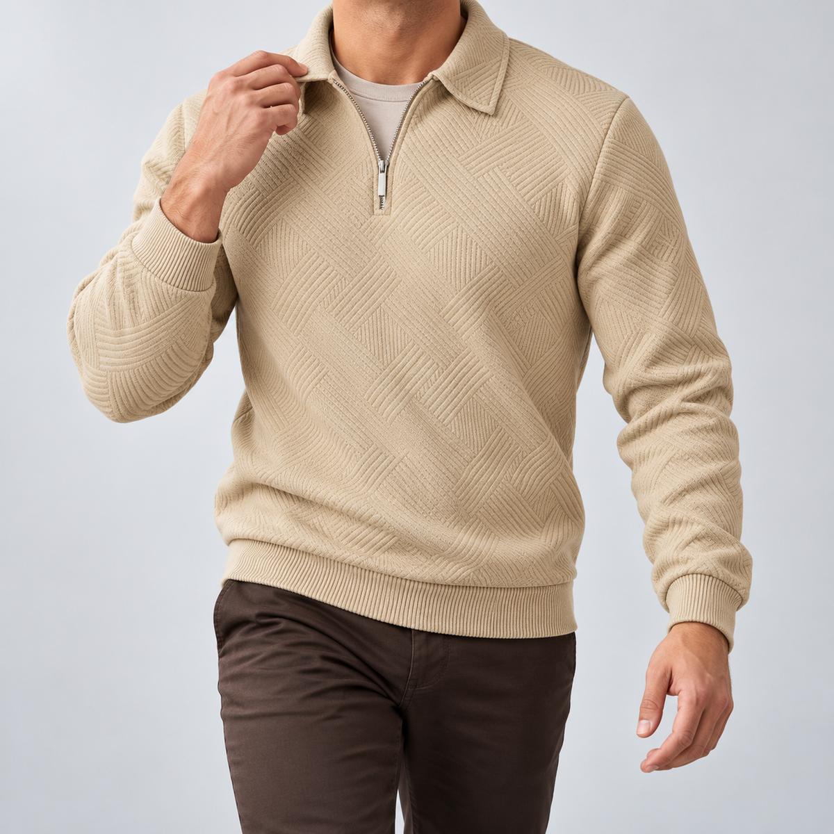 Leo zip sweater in khaki, front view on a model