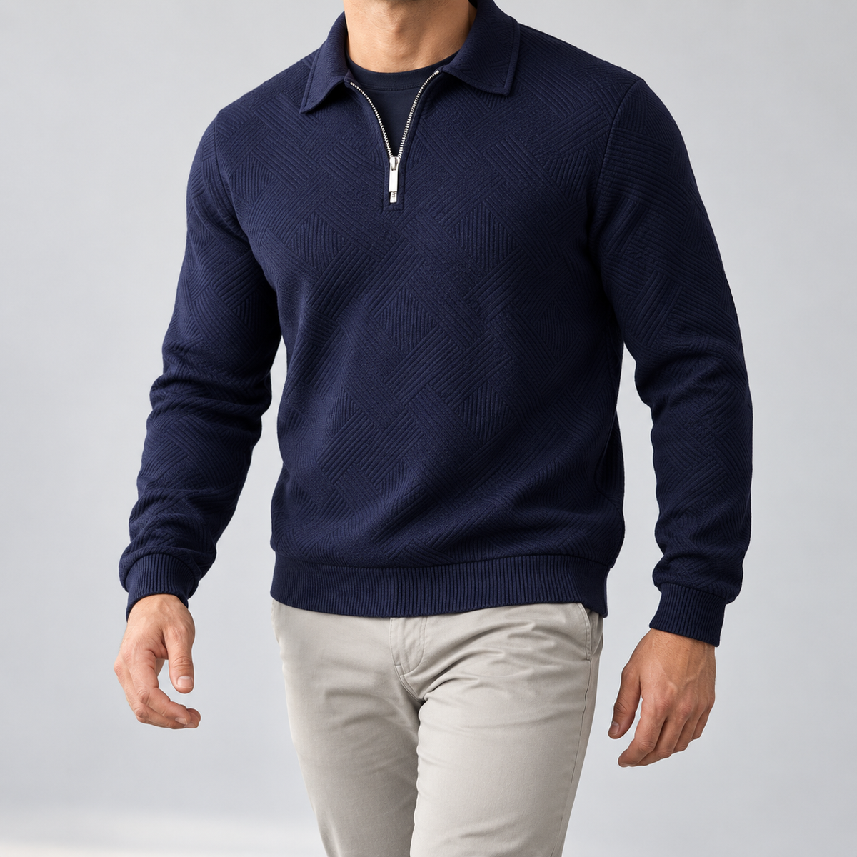 Leo zip sweater in navy blue, front view on a model