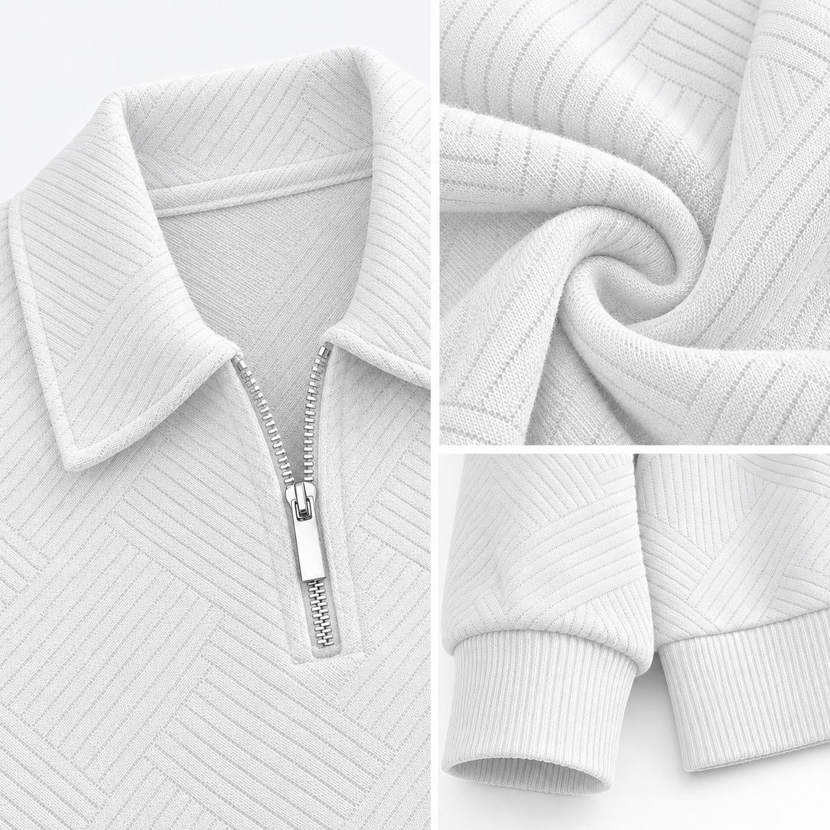 Leo zip sweater in white, three-area detail collage