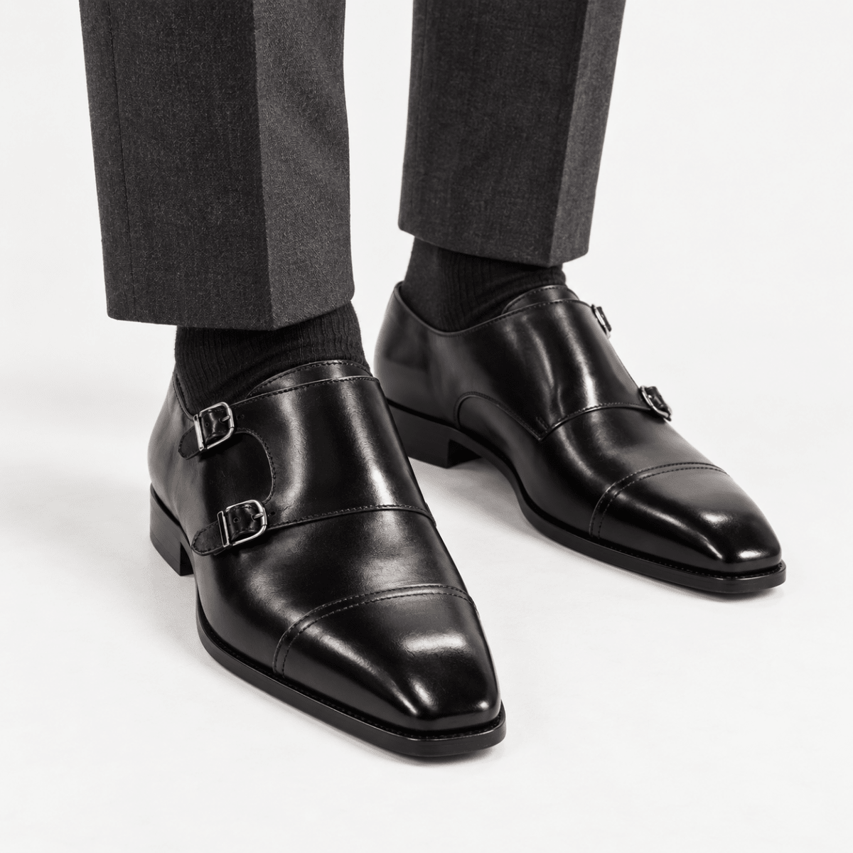 Leonardo double buckle leather shoes - AntoniosClothing - Black
