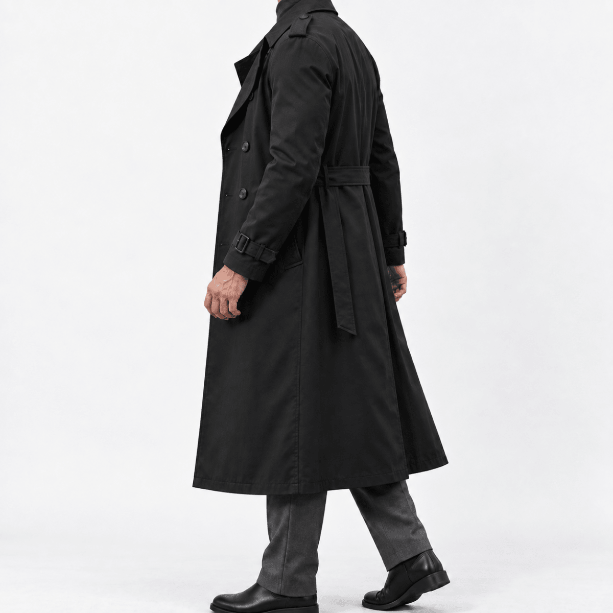 Long double breasted trench coat with a belt - AntoniosClothing - Black