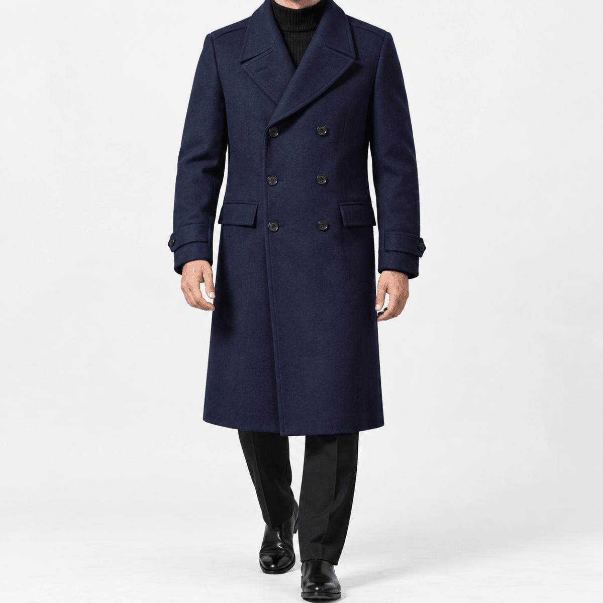 Long double breasted wool blend coat with cuff tabs - AntoniosClothing - Navy blue