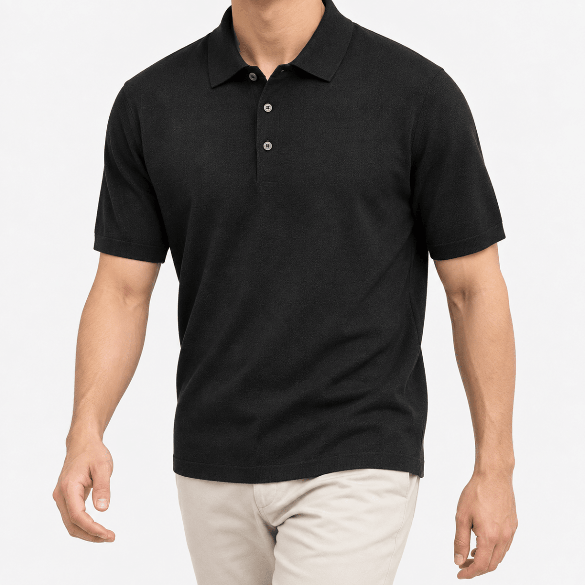Lyocell silk polo with a fine textured knit - AntoniosClothing - Black
