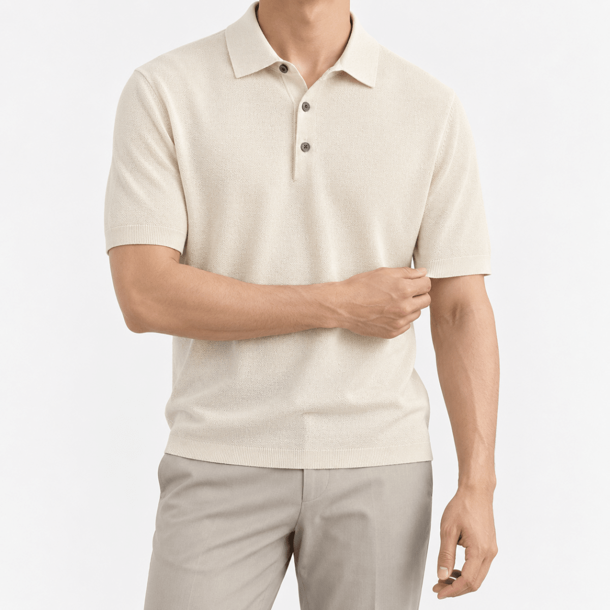 Lyocell silk polo with a fine textured knit - AntoniosClothing - Cream