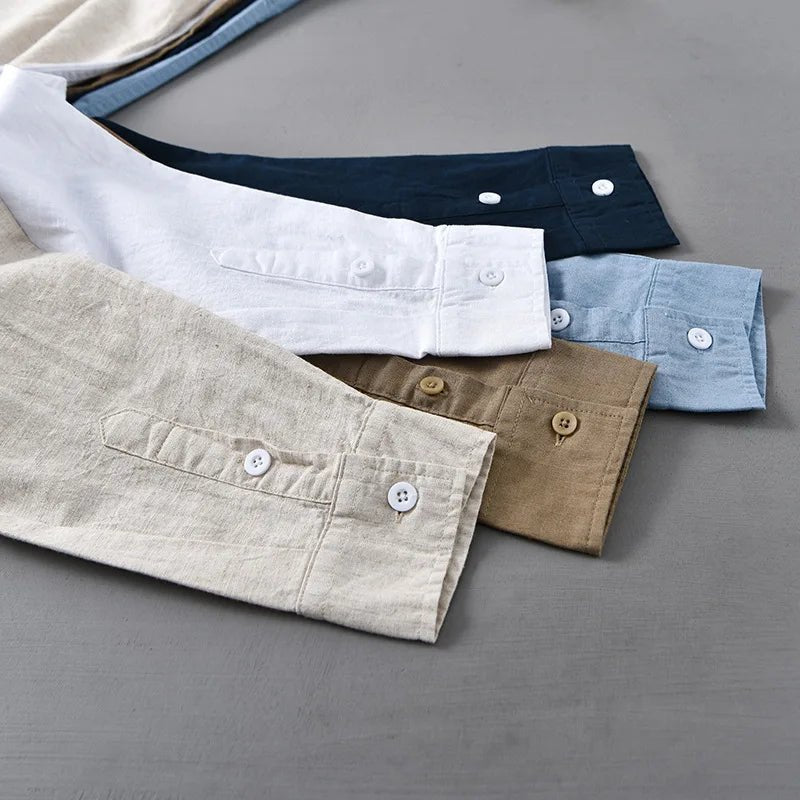 Mandarin collar retro casual japanese style cotton linen shirt - Antonios