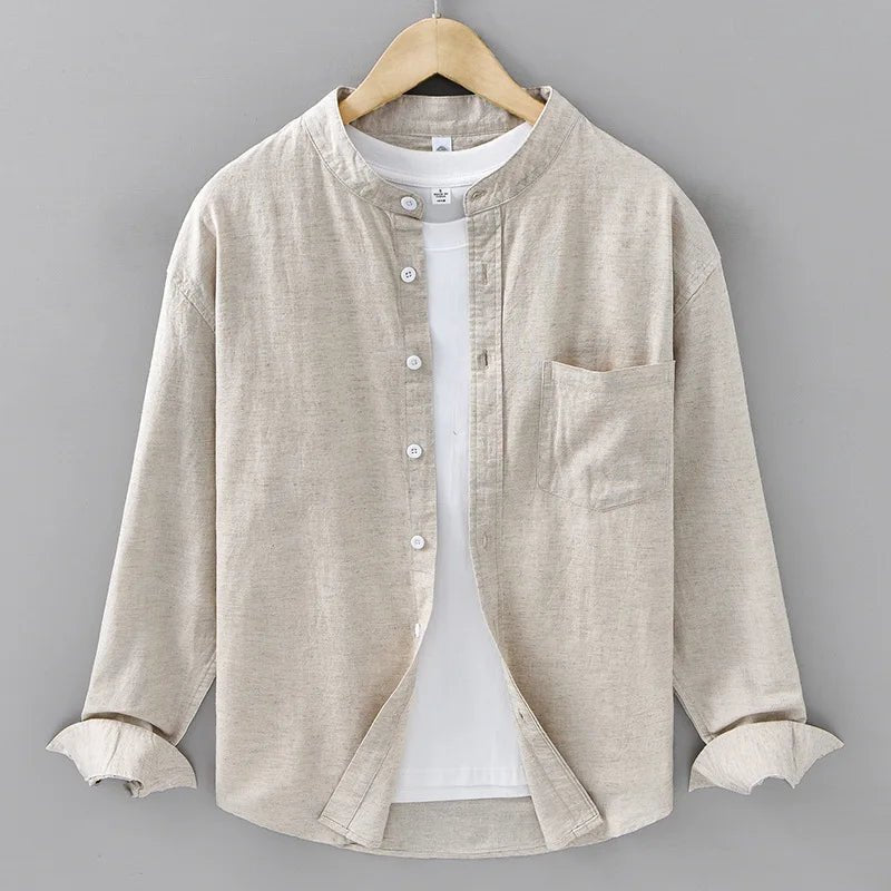 Mandarin collar retro casual japanese style cotton linen shirt - Antonios