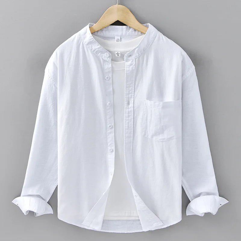 Mandarin collar retro casual japanese style cotton linen shirt - Antonios