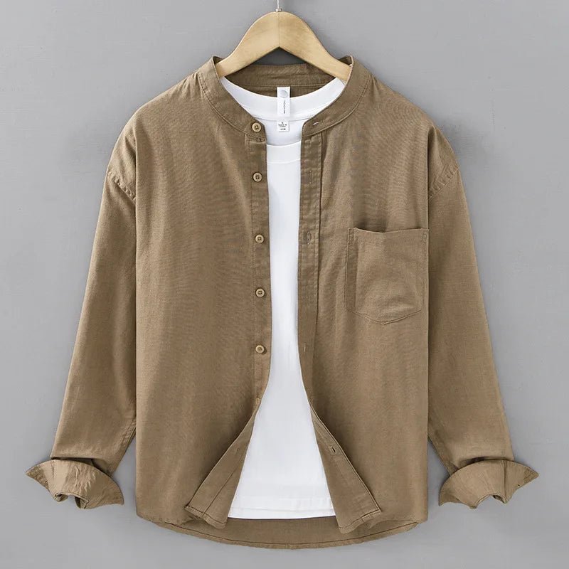 Mandarin collar retro casual japanese style cotton linen shirt - Antonios