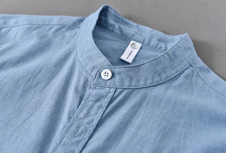 Mandarin collar retro casual japanese style cotton linen shirt - Antonios