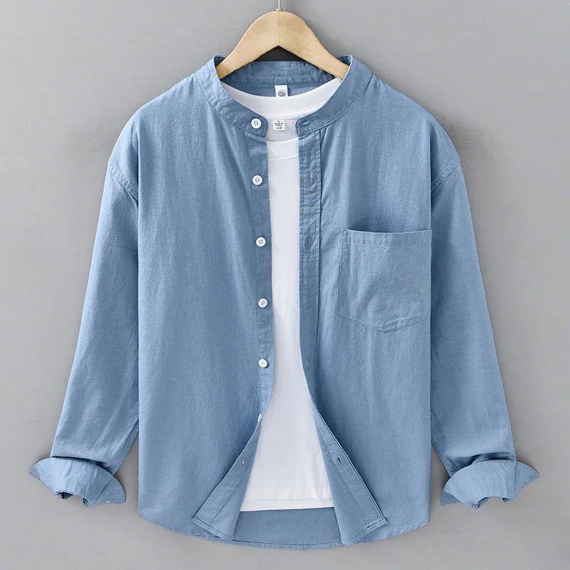 Mandarin collar retro casual japanese style cotton linen shirt - Antonios