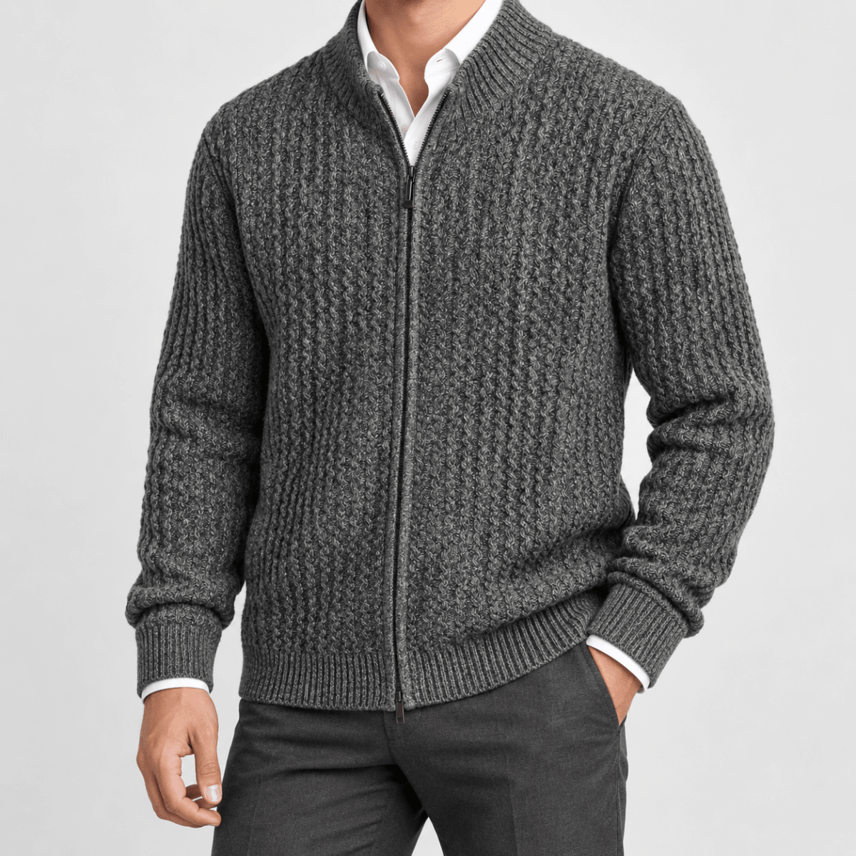 Men's merino wool zip-collar cardigan - AntoniosClothing - Dark grey