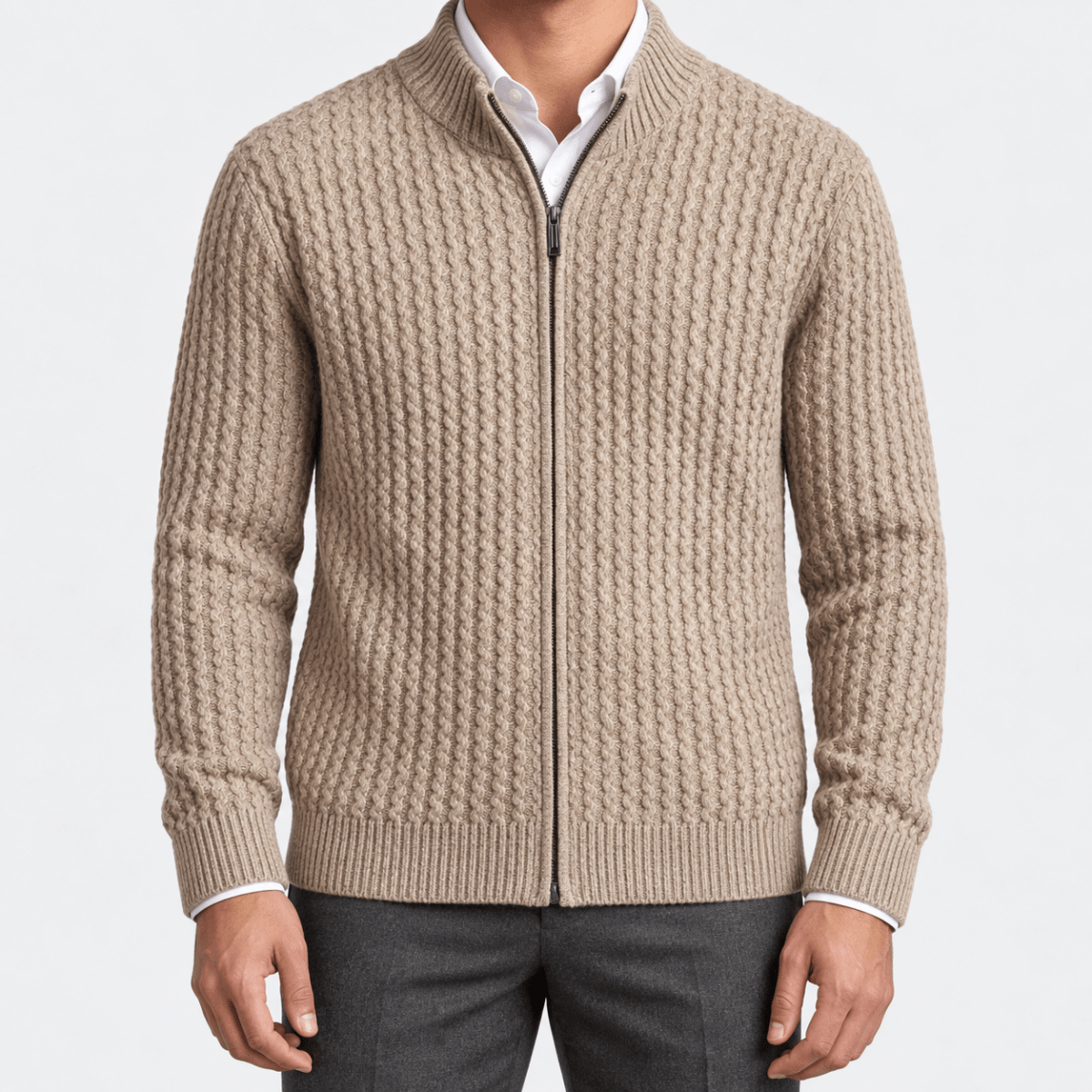Men's merino wool zip-collar cardigan - AntoniosClothing - Camel