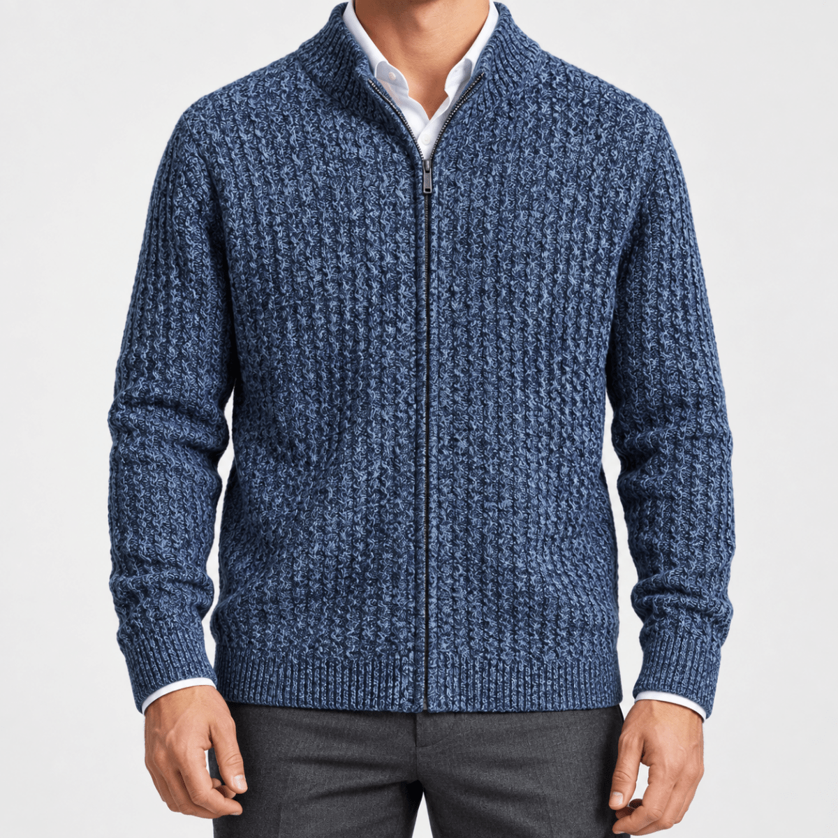 Men's merino wool zip-collar cardigan - AntoniosClothing - Blue