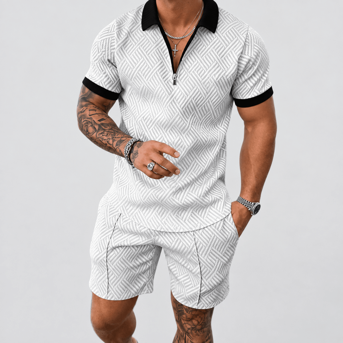 Men's White Zip-Collar T-Shirt and Shorts Set - AntoniosClothing - S