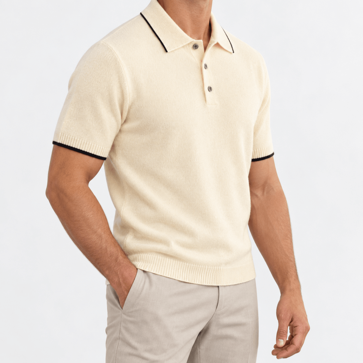 Merino wool polo with contrast trim - AntoniosClothing - Cream
