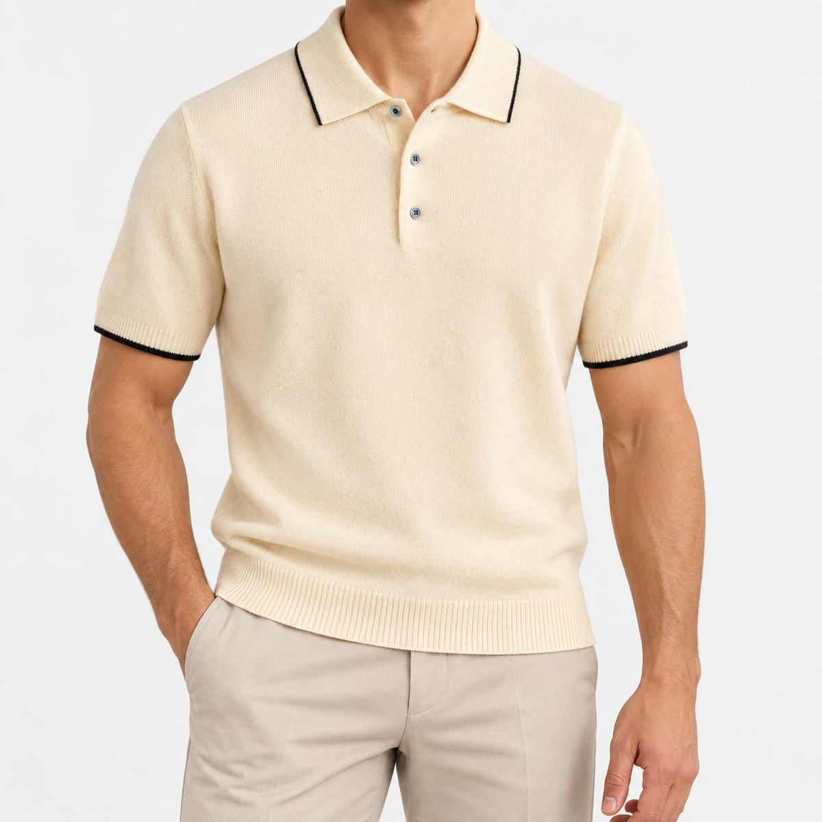 Merino wool polo with contrast trim in cream, front view on a model