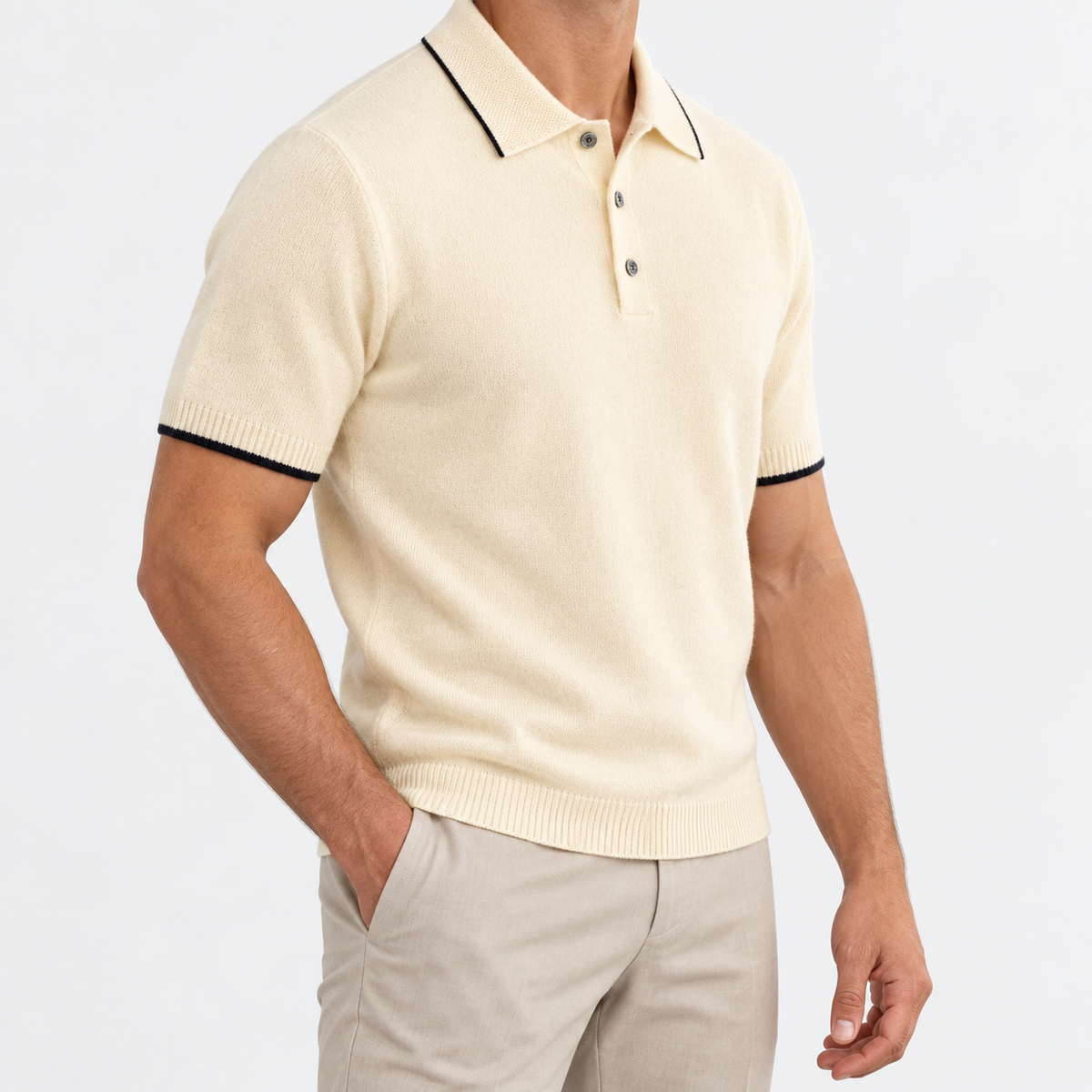 Merino wool polo with contrast trim in cream, side view on a model