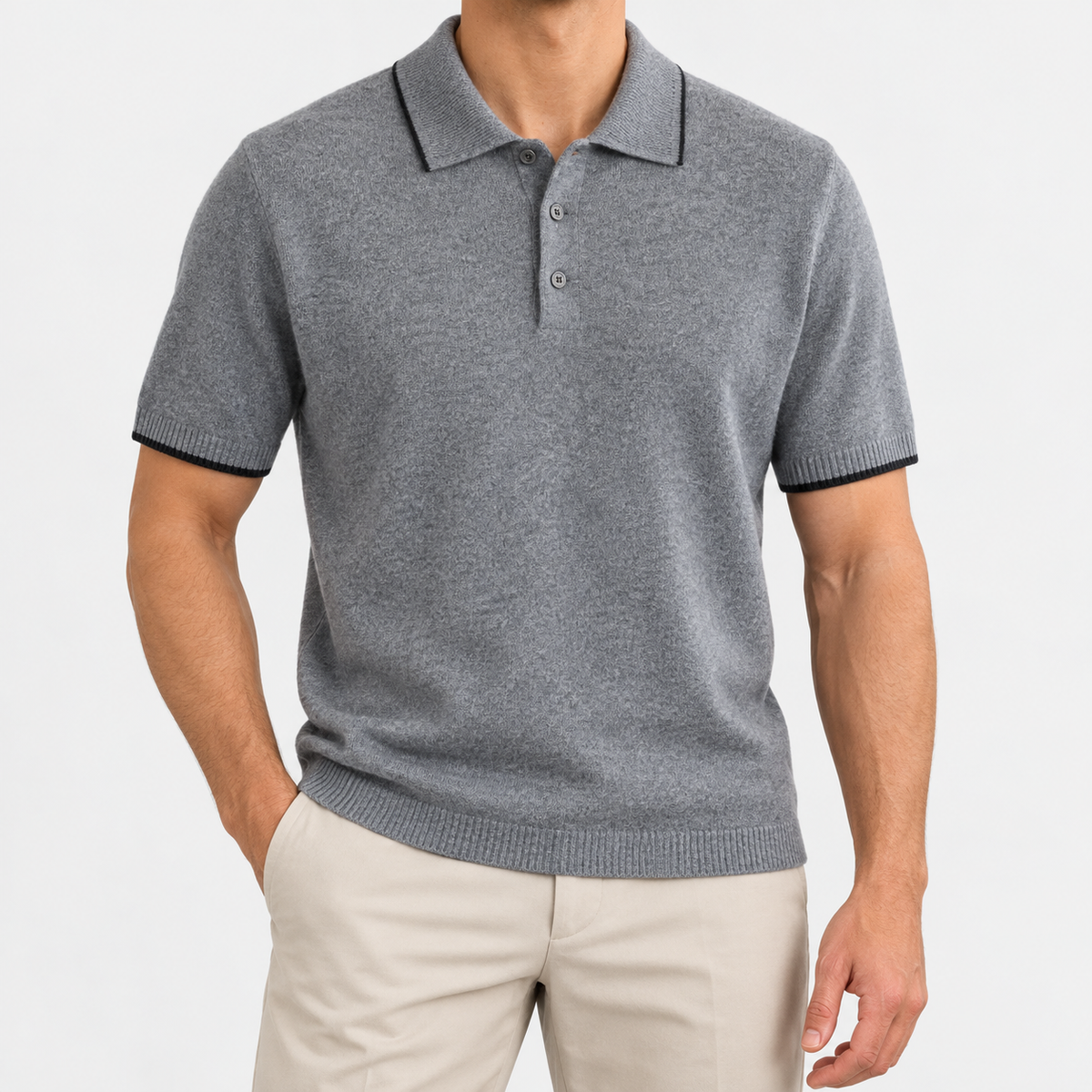 Merino wool polo with contrast trim in gray, front view on a model