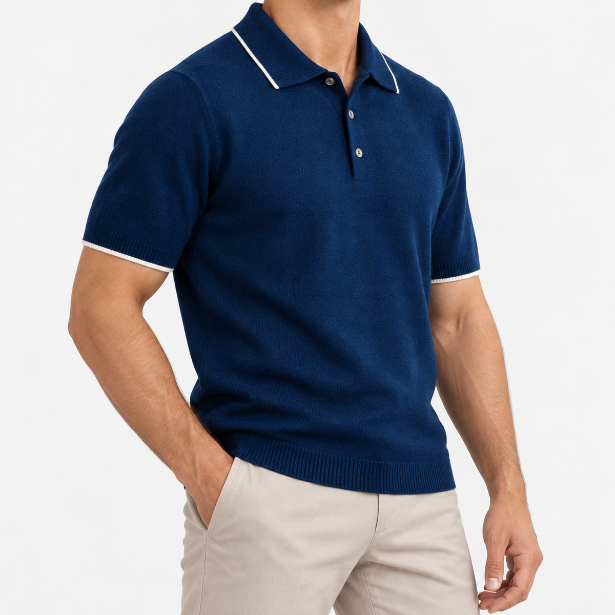 Merino wool polo with contrast trim in navy, side view on a model