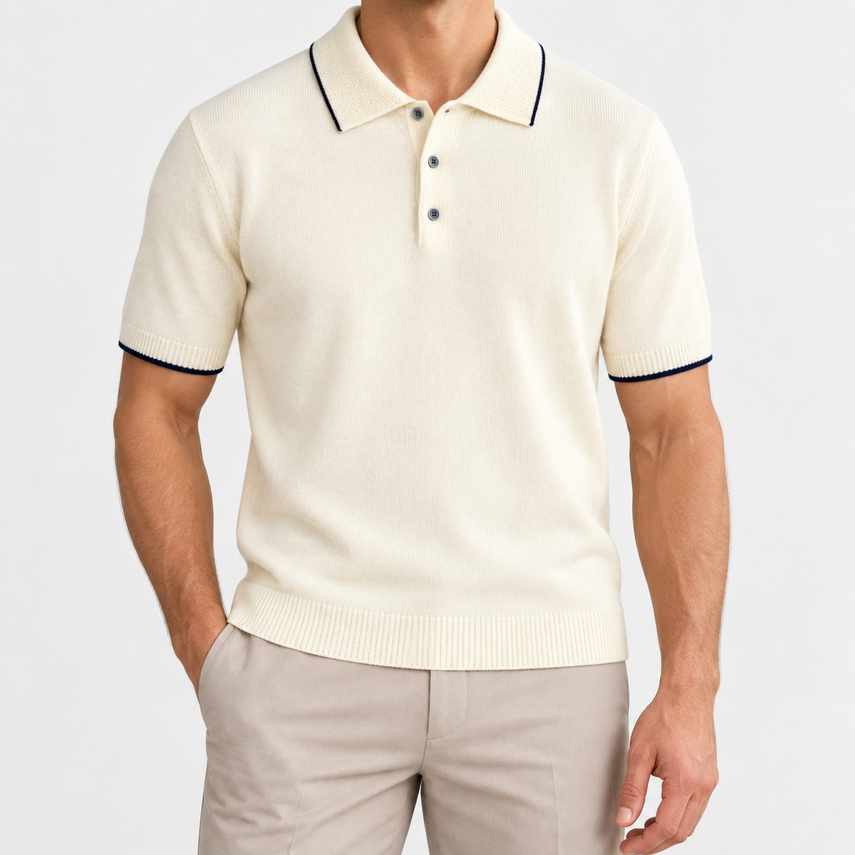 Merino wool polo with contrast trim in off white, front view on a model