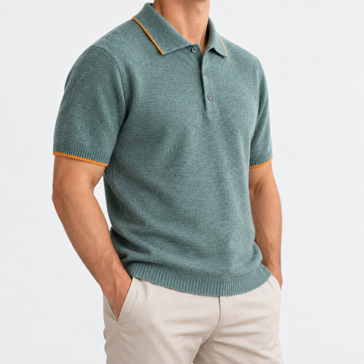 Merino wool polo with contrast trim in sage green, side view on a model