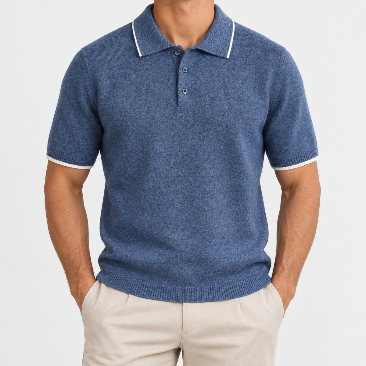 Merino wool polo with contrast trim in steel blue, front view on a model