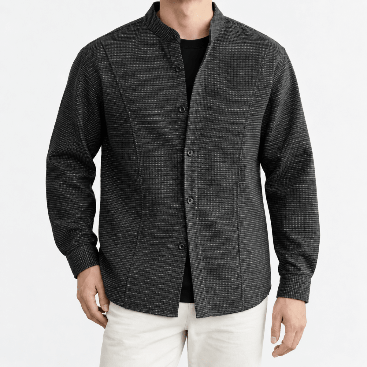 Microcheck band collar shirt with panel seams - AntoniosClothing - Dark gray