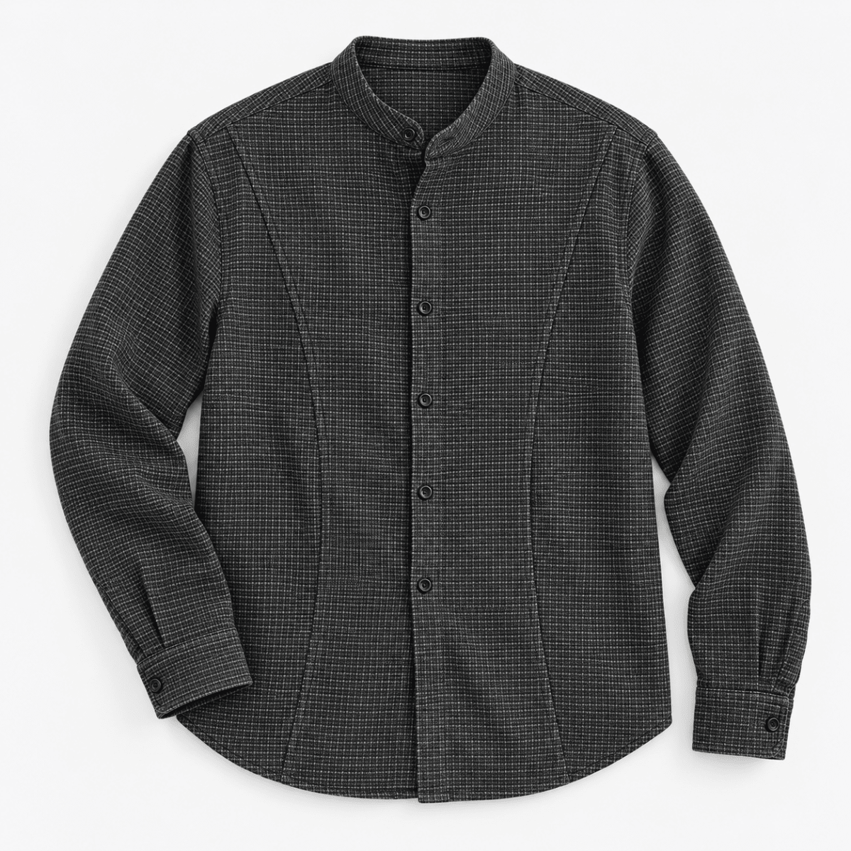 Microcheck band collar shirt with panel seams - AntoniosClothing - Dark gray