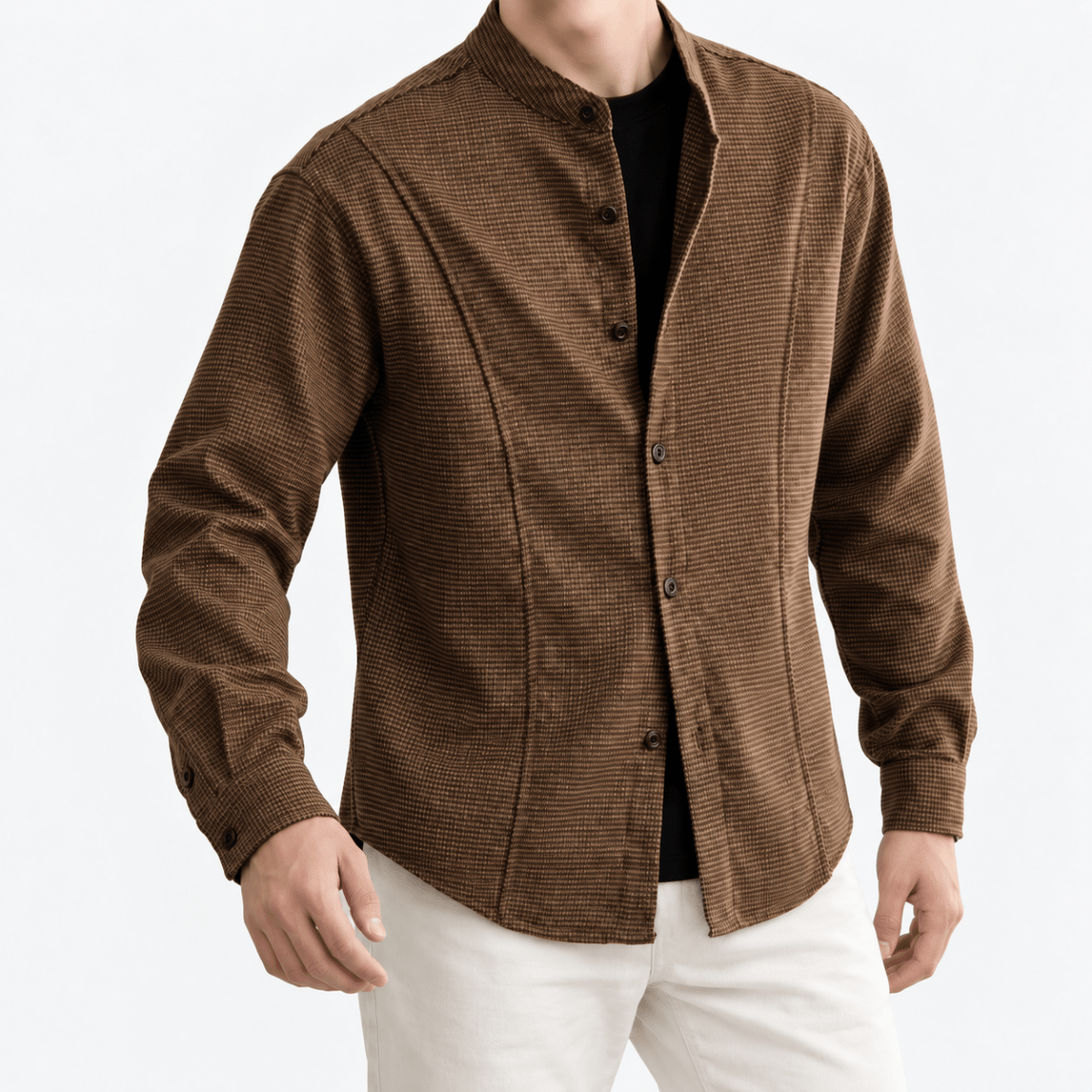 Microcheck band collar shirt with panel seams - AntoniosClothing - Khaki