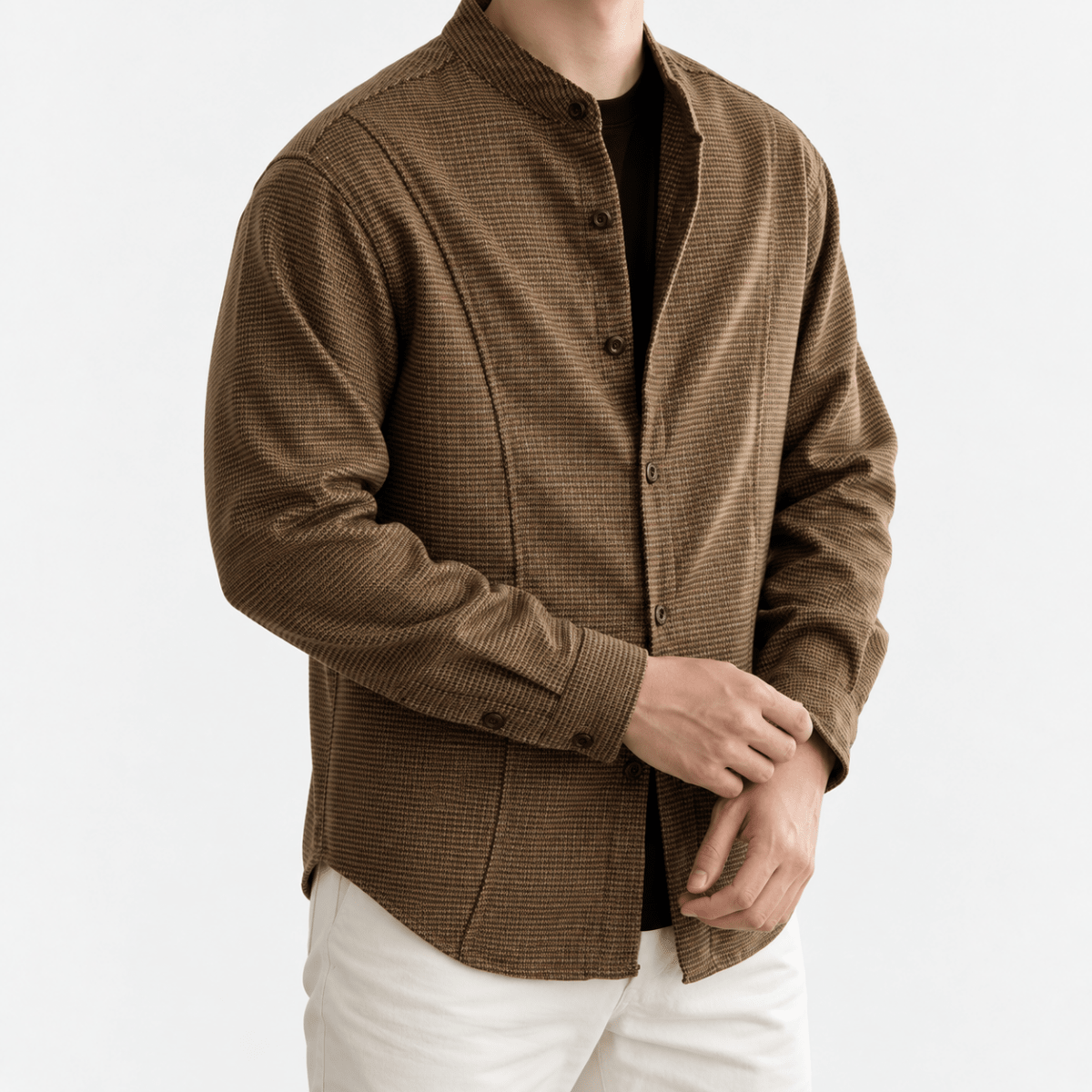 Microcheck band collar shirt with panel seams - AntoniosClothing - Khaki