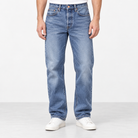 Mid blue washed straight leg jeans in mid blue, front view on a model