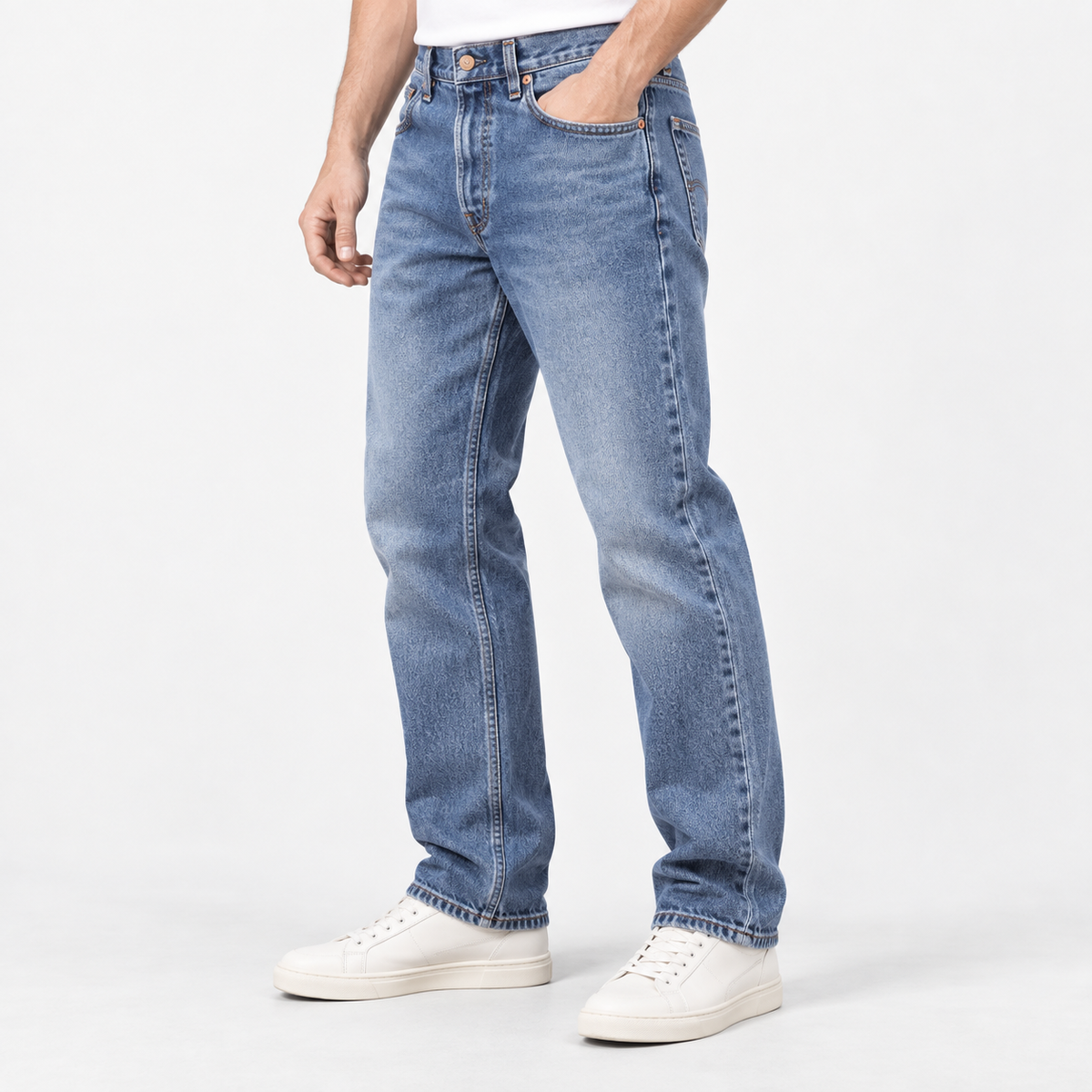 Mid blue washed straight leg jeans in mid blue, side view on a model