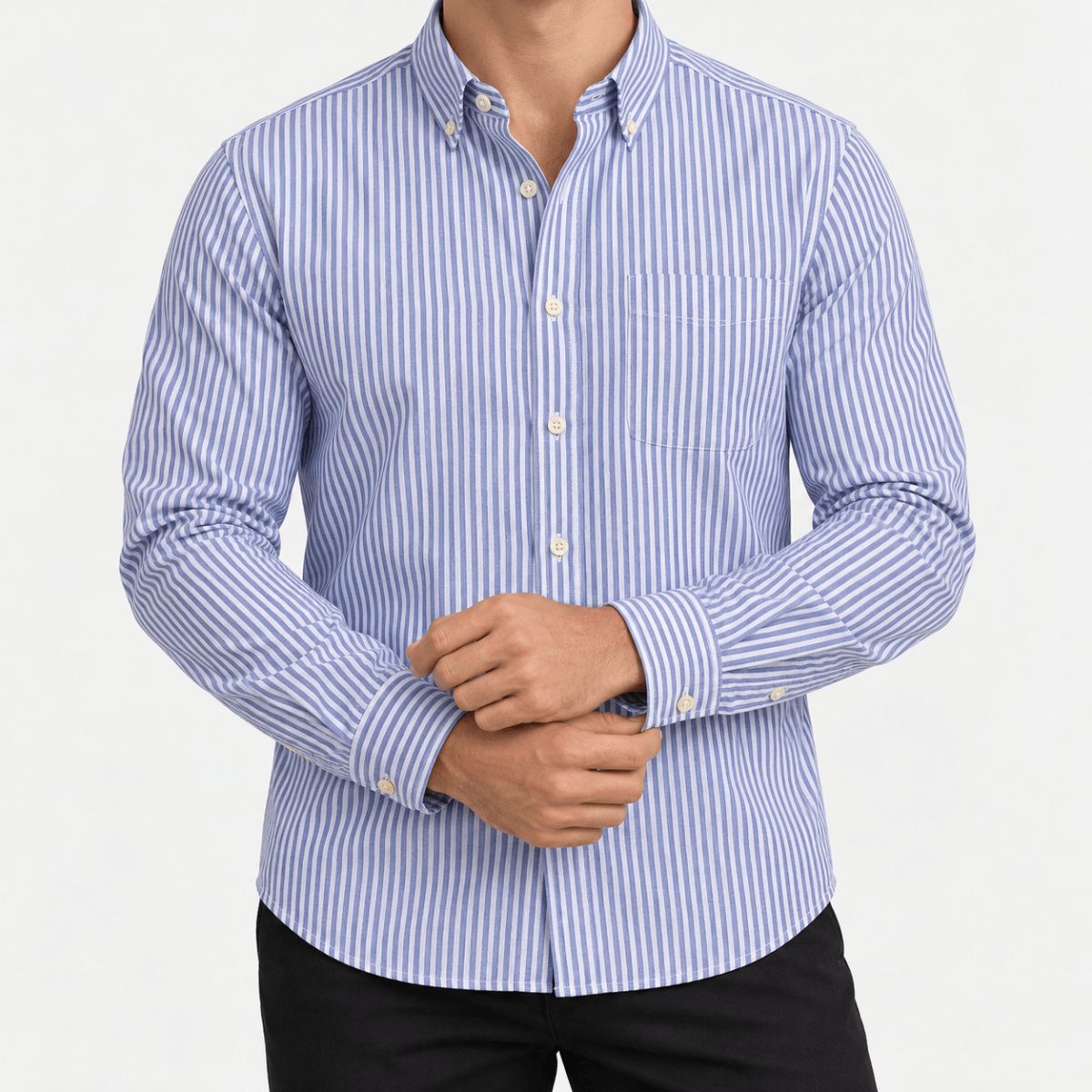 Pure cotton oxford shirt with a chest pocket - AntoniosClothing - Blue narrow stripe