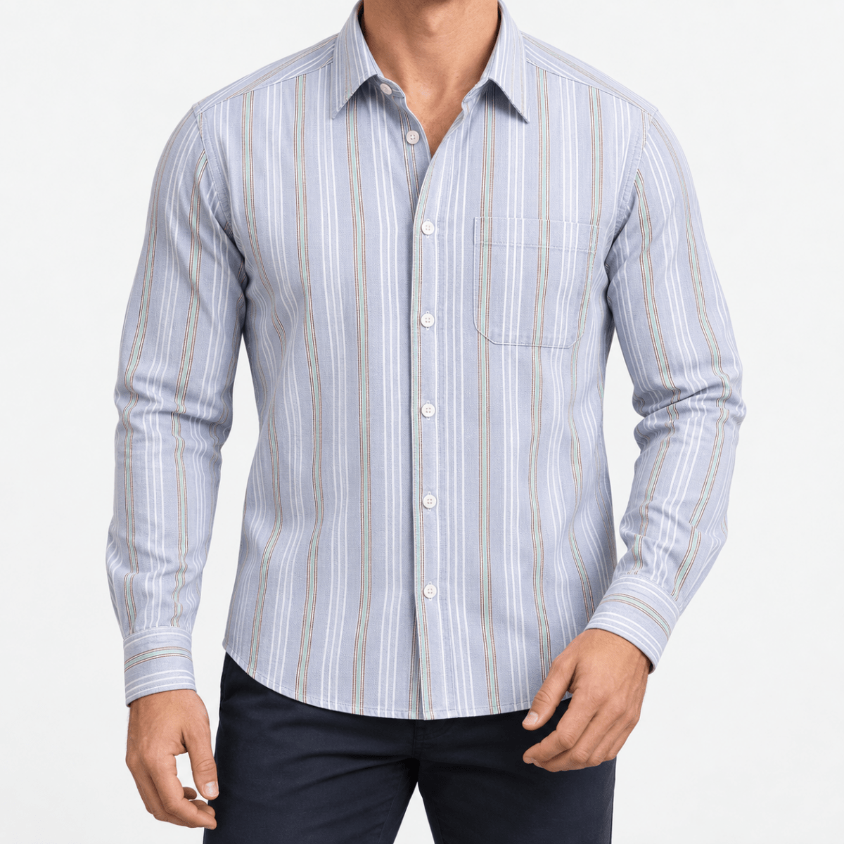 Pure cotton oxford shirt with a chest pocket - AntoniosClothing - Light gray multistripe