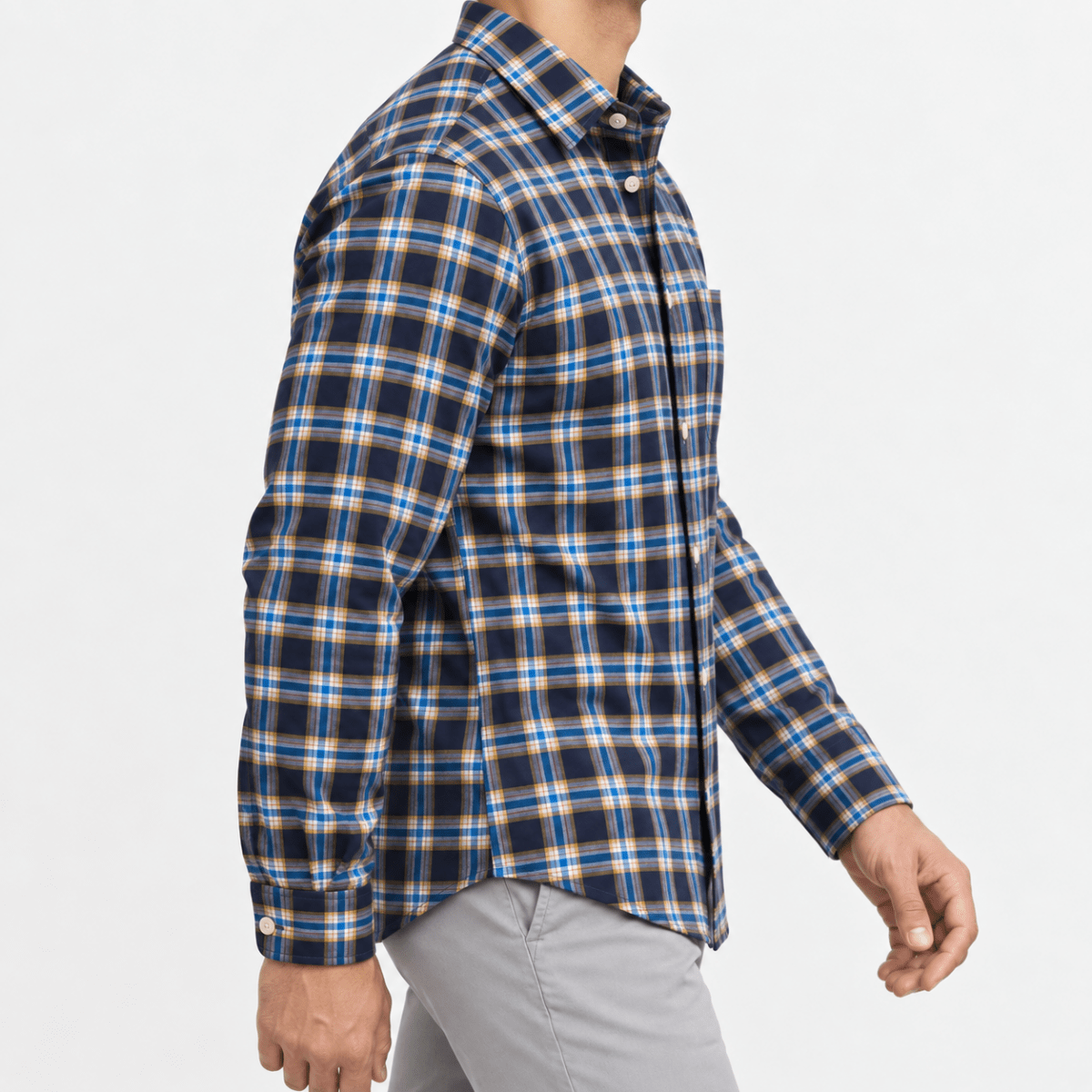 Pure cotton oxford shirt with a chest pocket - AntoniosClothing - Navy and gold check