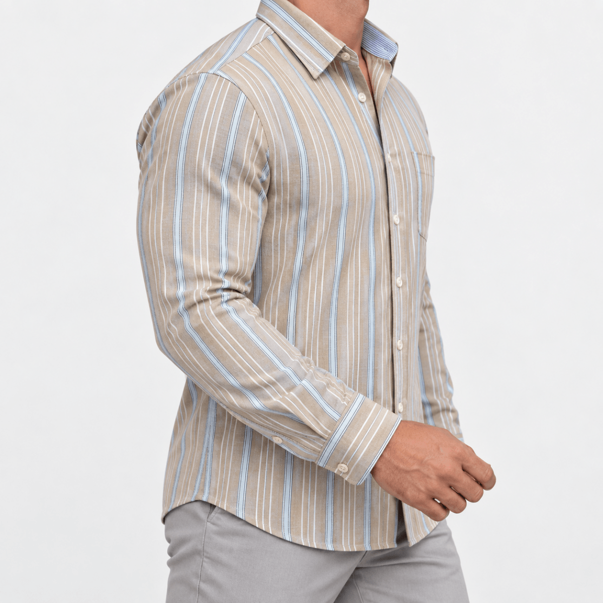Pure cotton oxford shirt with a chest pocket - AntoniosClothing - Beige multistripe