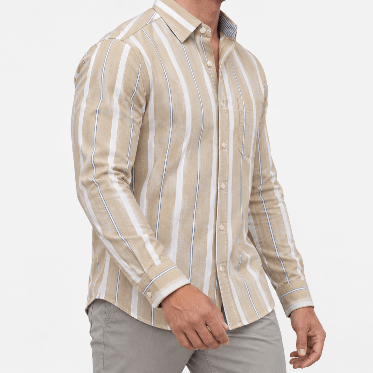 Pure cotton oxford shirt with a chest pocket - AntoniosClothing - Beige wide stripe