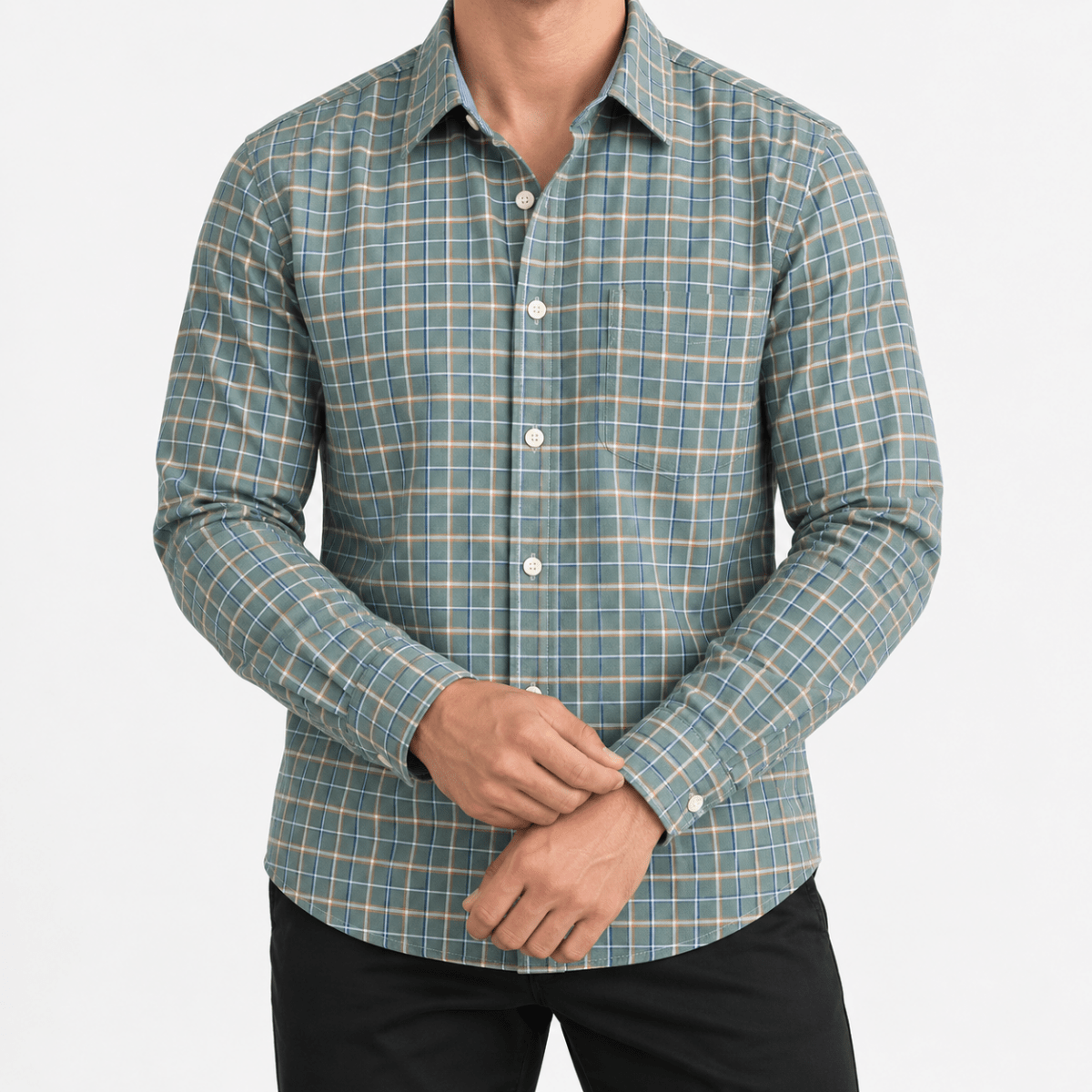 Pure cotton oxford shirt with a chest pocket - AntoniosClothing - Sage green check