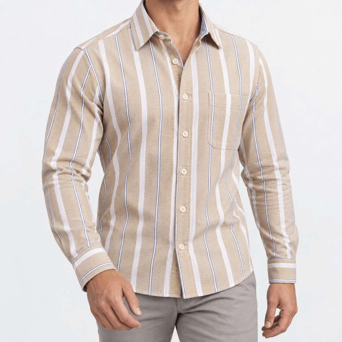 Pure cotton oxford shirt with a chest pocket - AntoniosClothing - Beige wide stripe