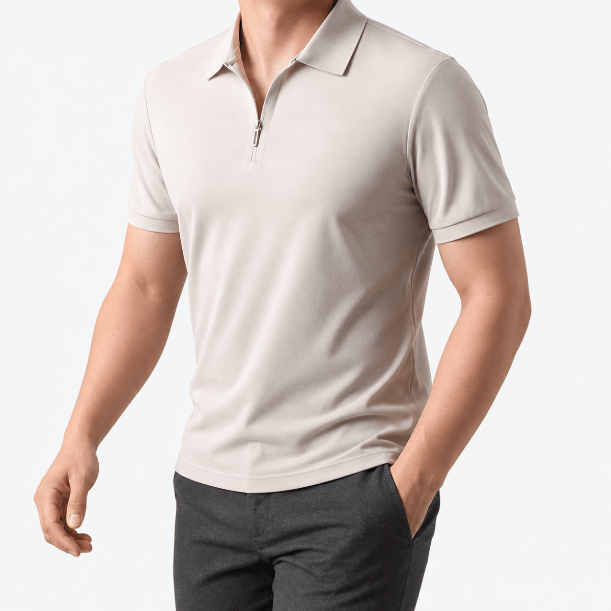 Ramon half-zip polo slim fit stretch t-shirt - AntoniosClothing - Apricot