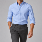 Ramon button-down shirt in baby blue, front view on a model