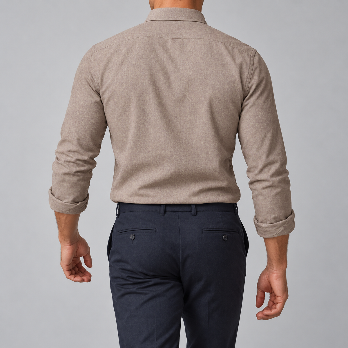Ramon button-down shirt in beige, back view on a model