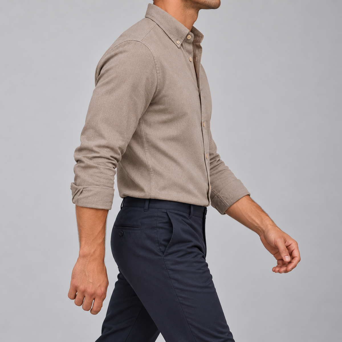 Ramon button-down shirt in beige, side view on a model
